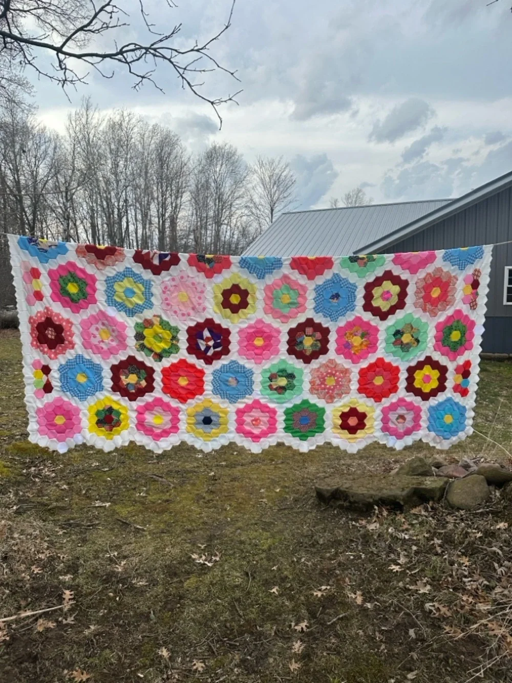 Vintage Grandmother’s Garden Quilt Topper HandmadeHexagon Floral Cottagecore